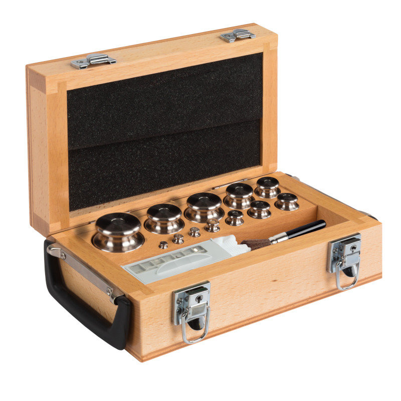 Poids de classe M1, cylindrique à bouton, ensemble (1 mg - 10 kg), boîte en bois